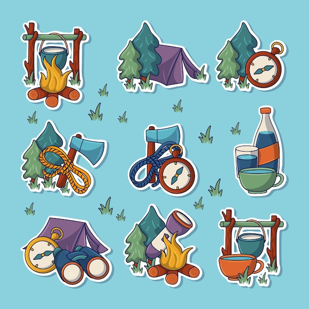 Vector collecties van campingstickers met gekleurd handgetekende doodle-ontwerp