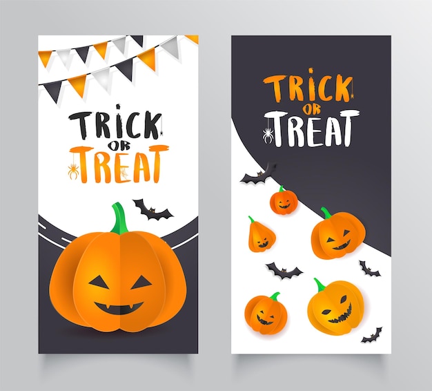 Collectiesjabloon flyer met 3D-papieren pompoenen met Halloween-gezichten Bannerbrochure