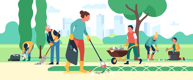 Collectieve stadspark vuilnisophaling. Mensen die afval schoonmaken. Vrijwilligers sorteren afval. Bezorgdheid over het milieu. Ecologie zorg. Mannen en vrouwen die vuilnis plukken in een park. vector concept