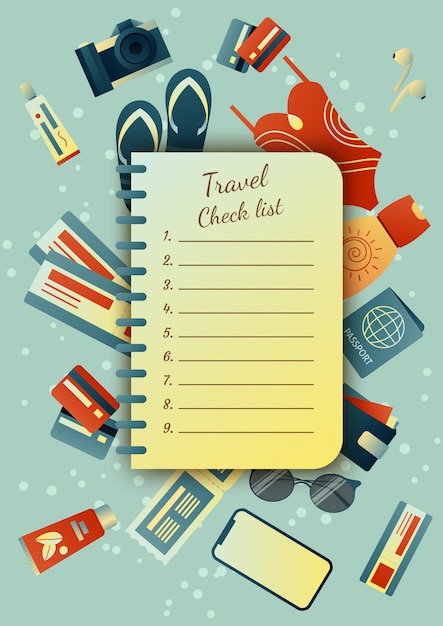 旅行中にスーツケースを収集：服、書類、備品。旅行のもの。夏休みの計画、観光。カラフルなトレンディなイラスト。フラットなデザイン。図
