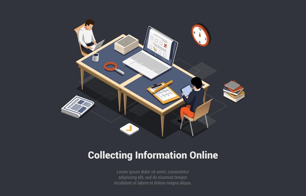 Collecting data and big information volume gathering online people working in the office cloud computing software with automatic server info catching illustration isometric 3d vector illustration