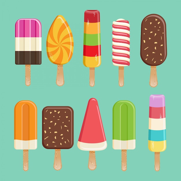 Collection of 10   ice cream illustrations. Tasty colorful ice candy set.