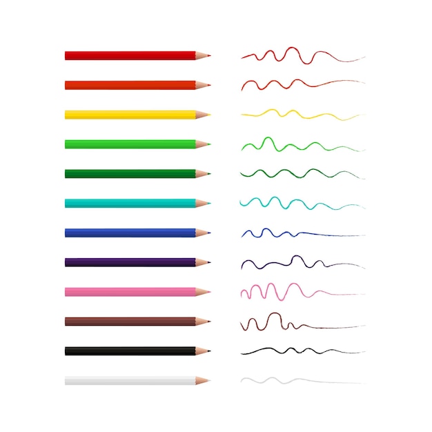 Collection of 12 colored pencils and lines illustration isolated on white background
