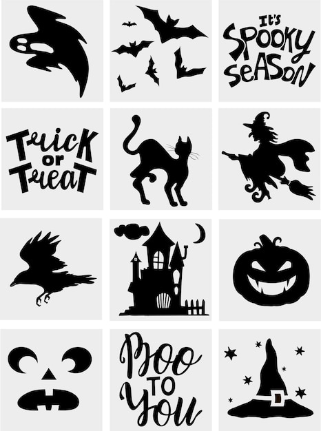 Collection of 12 Halloween icons Black icons trick or treat Vector Halloween silhouettes