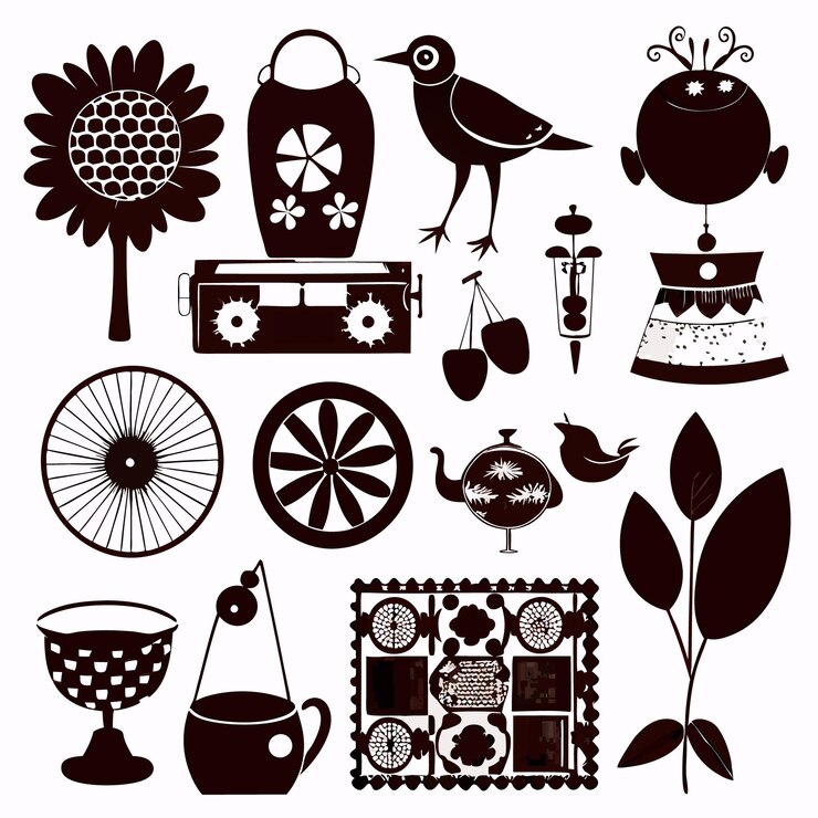 Vector a collection of 13 black and white silhouette illustrations with various design elements