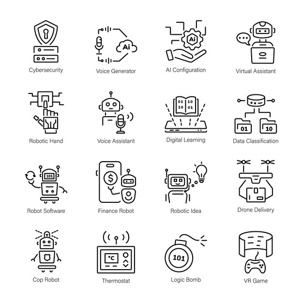 Collection of 16 Artificial Intelligence Linear Icons