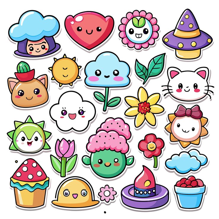 Vector collection of 20 cute cartoon stickers with various characters nature and objects