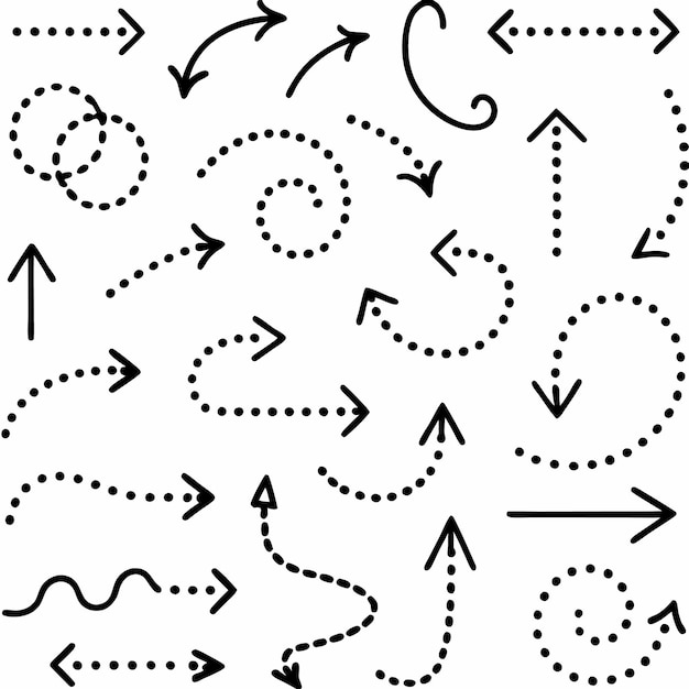 23本の黒い矢印を手描き白い背景に点線が描かれています