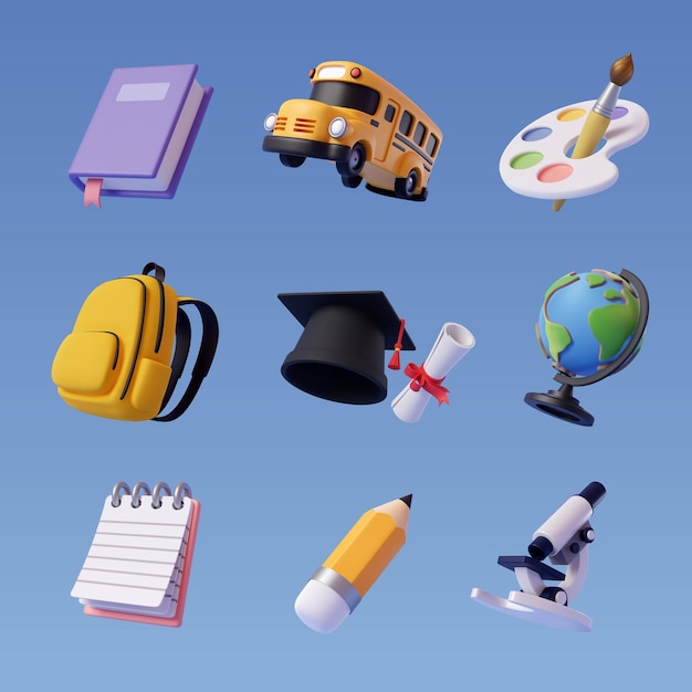 Collection of 3d back to school icon isolated on blue Education and online class concept