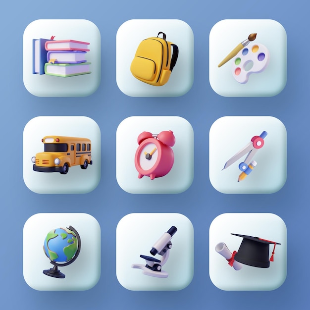 Collezione di icone 3d di ritorno a scuola isolate su blu concetto di istruzione e classe online