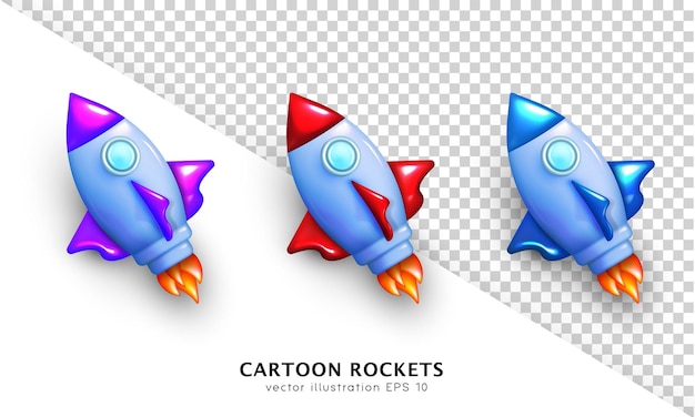 Collection of 3D cartoon glossy multicolored rockets. Realistic spaceships launch. Colorful shuttles