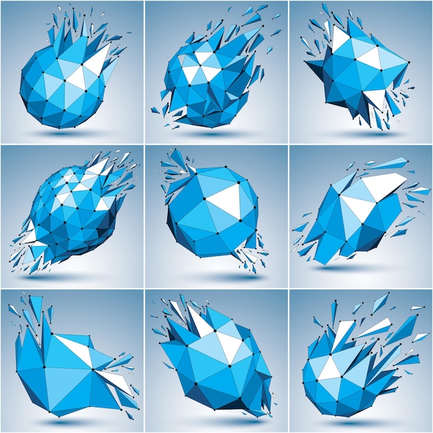 Collection of 3d faceted blue cybernetic figures, connected black lines and dots. Vector low poly shattered design elements with fragments and particles. Explosion effect, communication technology.