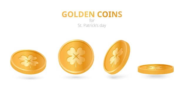 Collection of 3d four leaf clover golden coins. Elements for Saint Patrick's day. Isolated on white.