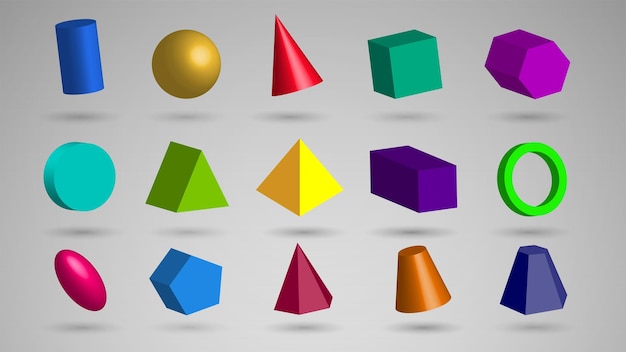 Vector collection of 3d geometric shapes triangle ball cube cone cylinder pentagon oval rectangle in different colors on a white background