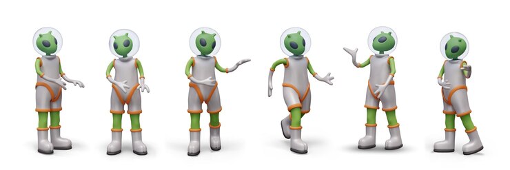 Vector collection of 3d green humanoids in various poses vector alien characters