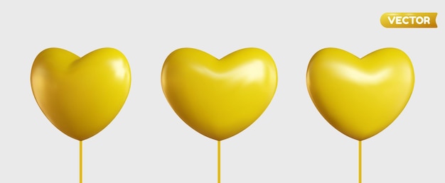 Collection of 3d shiny realistic heart balloons in yellow