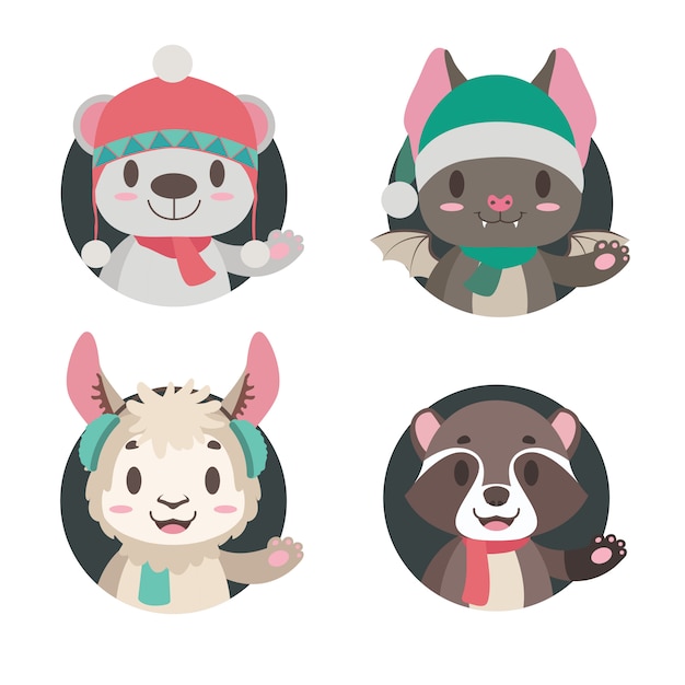 Vector collection of 4 cute animals in winter apparel