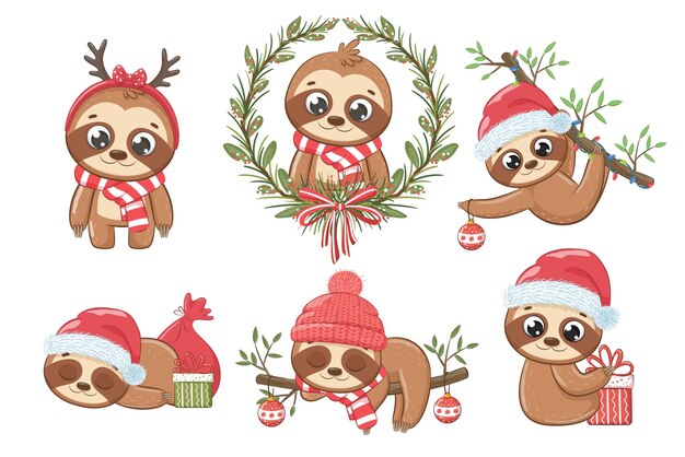 A collection of 6 cute sloths for New Year and Christmas. Vector illustration of a cartoon. Merry Christmas.