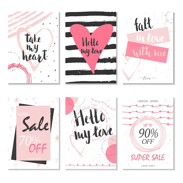 Collezione di 6 carte sconto design. può essere utilizzato per siti web di vendita di social media, poster, volantini, e-mail, newsletter, annunci, materiale promozionale. modello di banner mobile.