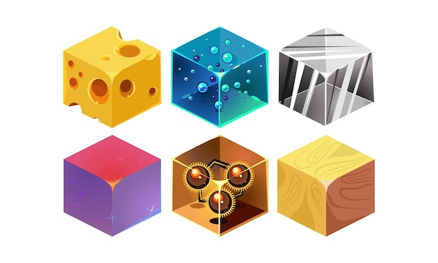 Collection of 6 isometric cubes with different texture Gaming assets Graphic elements for mobile or computer game Modern 3D style icons Colorful vector illustrations isolated on white background