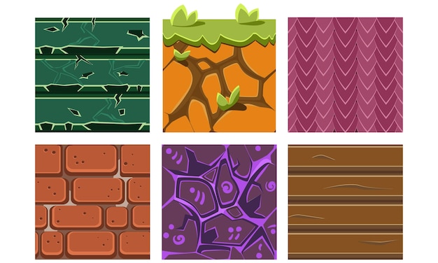 Collection of 6 seamless textures and materials for online mobile games Dry soil with grass wood bricks and gems Gaming assets Colorful vector icons in flat style isolated on white background
