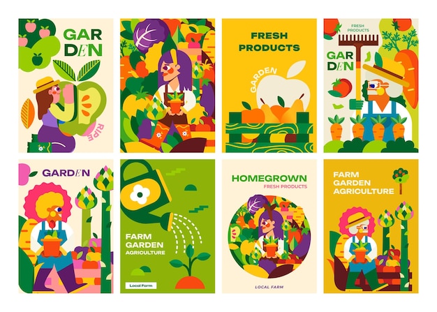 Vector collection of 8 posters garden farm and agriculture bright illustrations