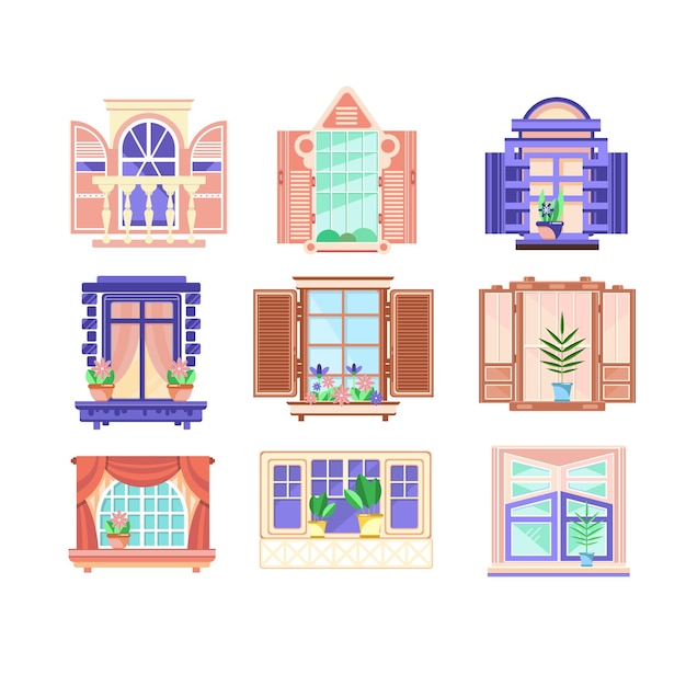 Collection of 9 colorful window frames Flowers in pots on windowsills House decoration elements Building exterior theme Flat vector illustrations isolated on white background Cartoon style icons