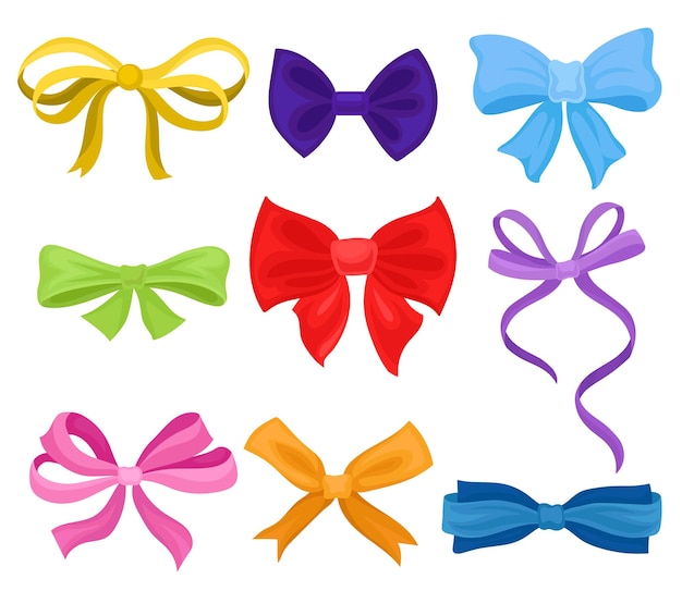 Collection of 9 different bows made of colorful ribbons Decorative graphic elements for poster flyer or gift coupon Cartoon style illustrations Flat vector design isolated on white background
