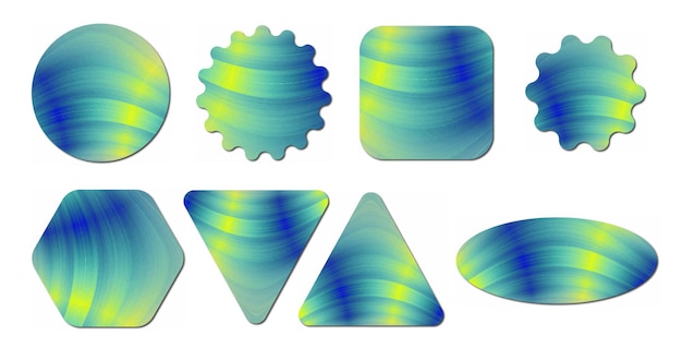 Vettore collezione di adesivi olografici astratti blu e verdi in varie forme.