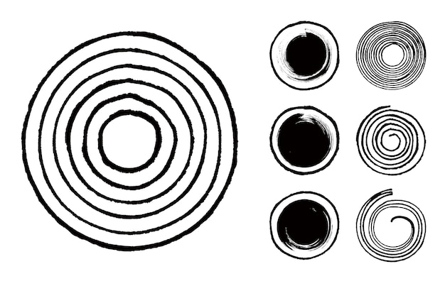 Collection of abstract brushed black ink circles dots and spirals with rough edges and grungy