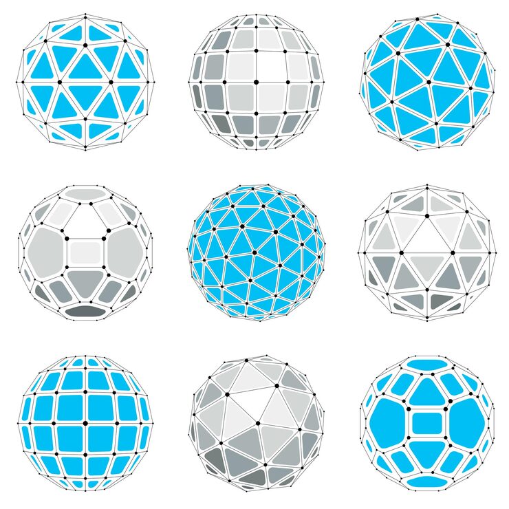 Vector 선과 점이 연결된 추상 벡터 로우 폴리 개체의 컬렉션입니다. 겹치는 선 메쉬와 기하학적 수치가 있는 미래형 공 세트. 3d 모양은 기술 모델링에 사용할 수 있습니다.