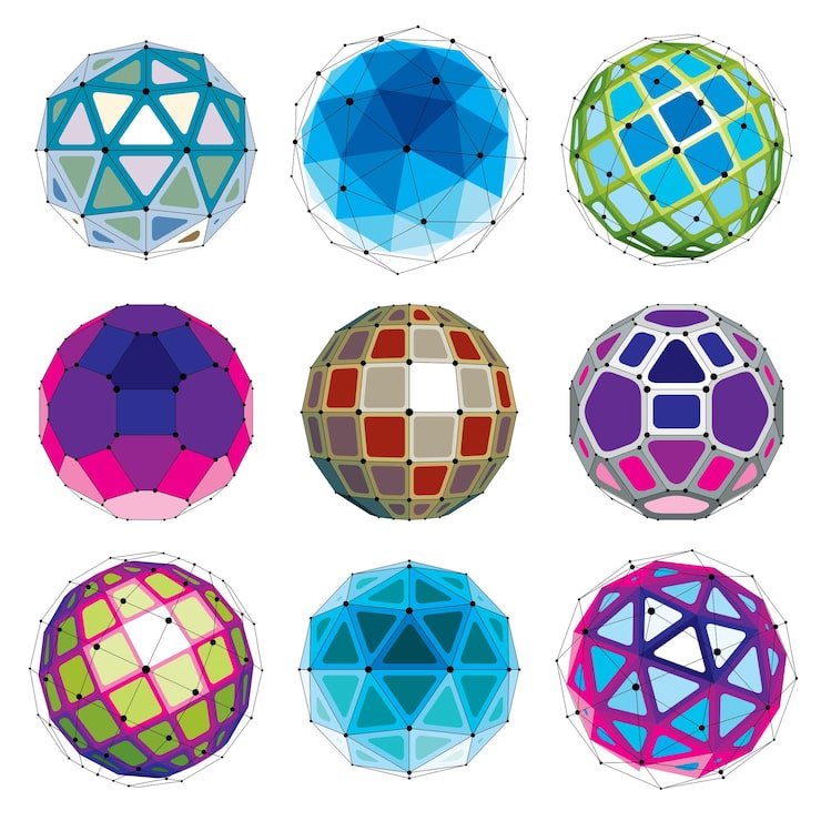 Vector 선과 점이 연결된 추상 벡터 로우 폴리 개체의 컬렉션입니다. 겹치는 선 메쉬와 기하학적 수치가 있는 미래형 공 세트. 3d 모양은 기술 모델링에 사용할 수 있습니다.