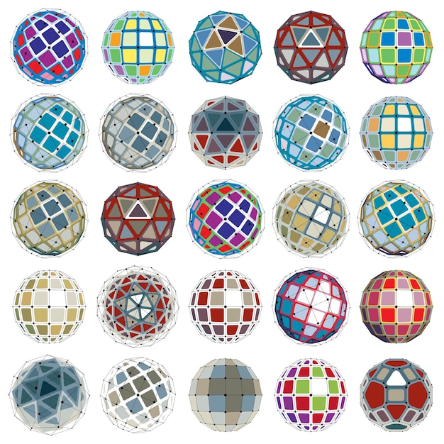 Collection of abstract vector low poly objects with lines and dots connected. Set of futuristic balls with overlapping lines mesh and geometric figures. 3d shapes can be used in technical modeling.