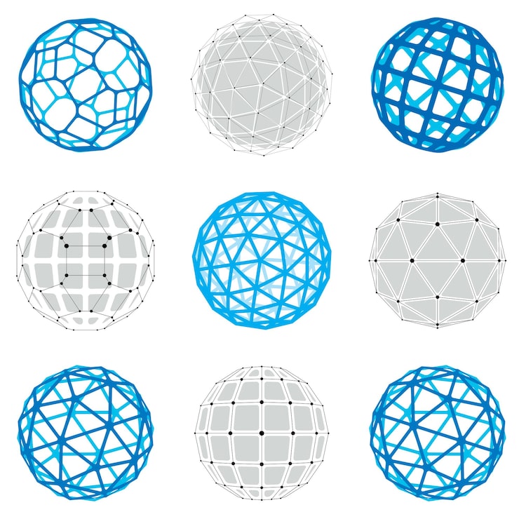 Vector collection of abstract vector low poly objects with lines and dots connected. set of futuristic balls with overlapping lines mesh and geometric figures. 3d shapes can be used in technical modeling.