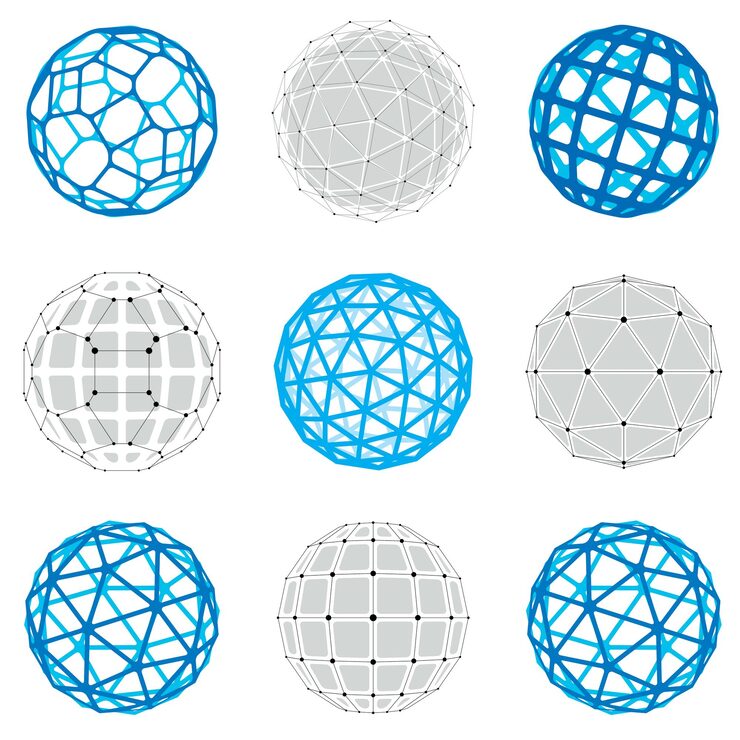 Vector 선과 점이 연결된 추상 벡터 로우 폴리 개체의 컬렉션입니다. 겹치는 선 메쉬와 기하학적 수치가 있는 미래형 공 세트. 3d 모양은 기술 모델링에 사용할 수 있습니다.
