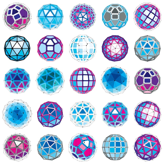 Collection of abstract vector low poly objects with lines and dots connected. Set of futuristic balls with overlapping lines mesh and geometric figures. 3d shapes can be used in technical modeling.