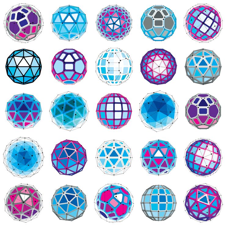 Vector collection of abstract vector low poly objects with lines and dots connected. set of futuristic balls with overlapping lines mesh and geometric figures. 3d shapes can be used in technical modeling.