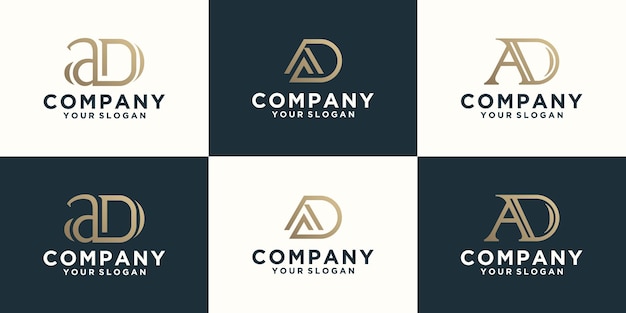 Collection of ad letter logos with line styles and golden color