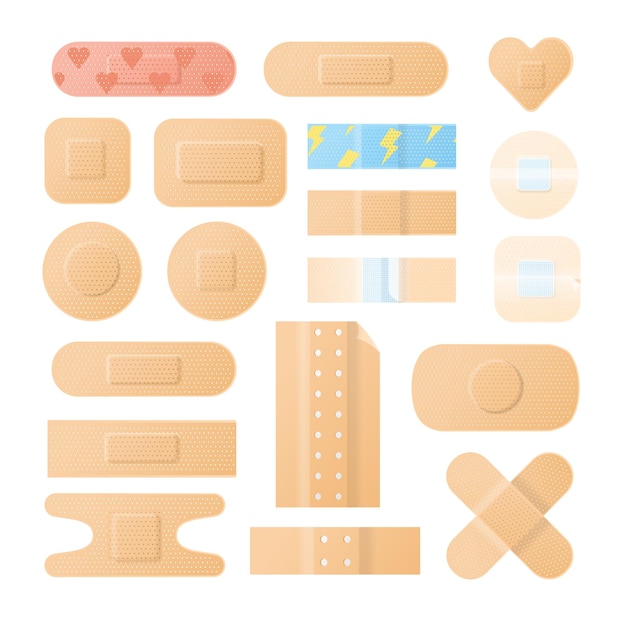 Vector collection of adhesive bandages, plasters or patches isolated on white background. bundle of medical dressings of various types for wounds and injuries. modern vector illustration in flat style.