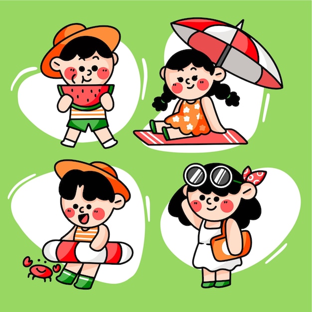 Collection of adorable kids goes to beach premium doodle illustration