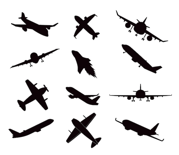Collection of Airplane flat Icon isolated vector Silhouettes