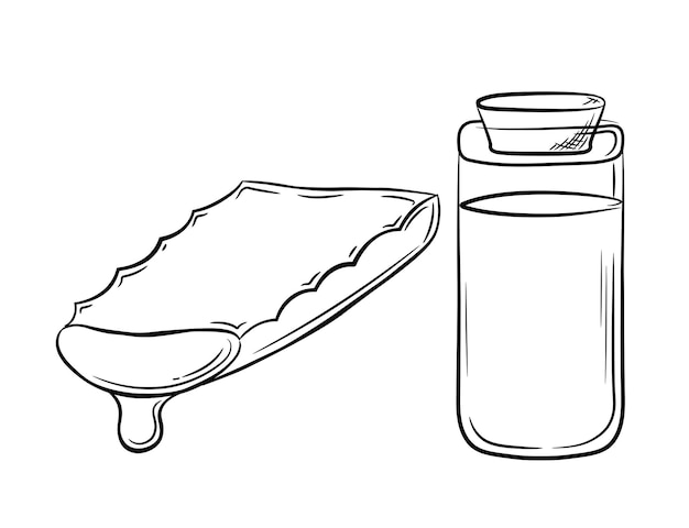 항아리에 혈청과 알로에 베라 식물 조각의 컬렉션입니다. 선 스타일로 손으로 그린 화장품 아이템.