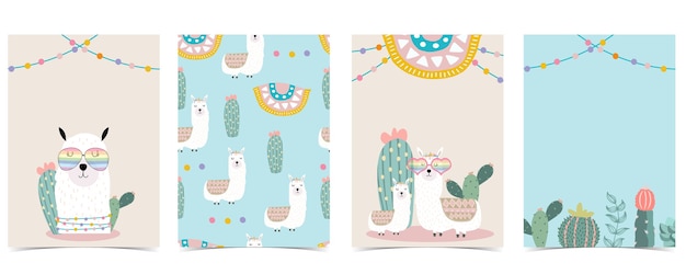 Collection of animal background set with llama cactus flower