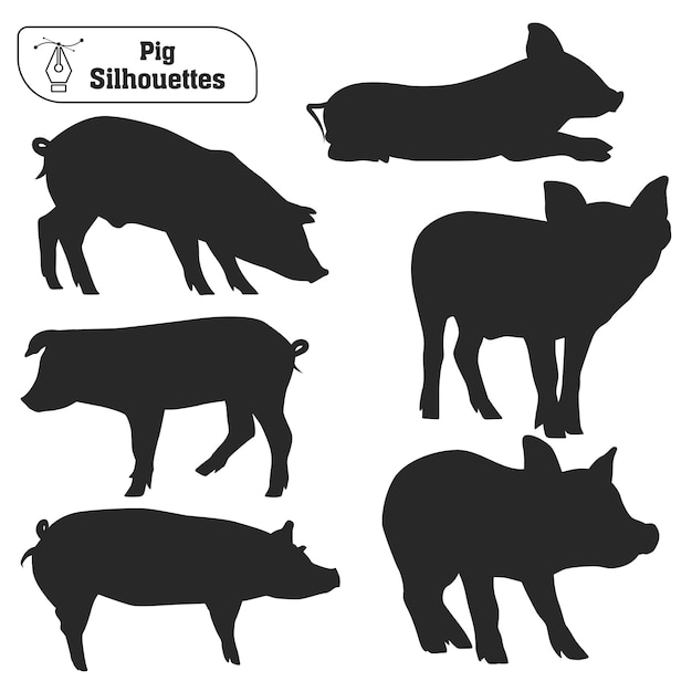 Collection of animal pig silhouette in different poses