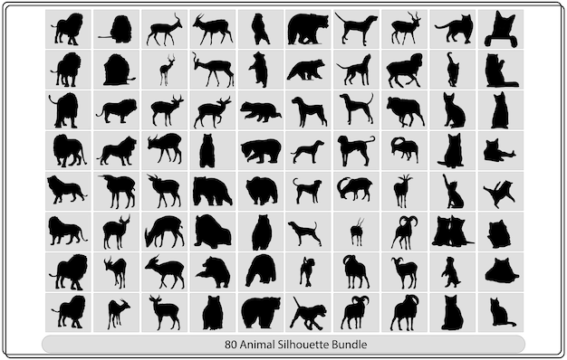 白い背景の上の動物のシルエットのコレクション