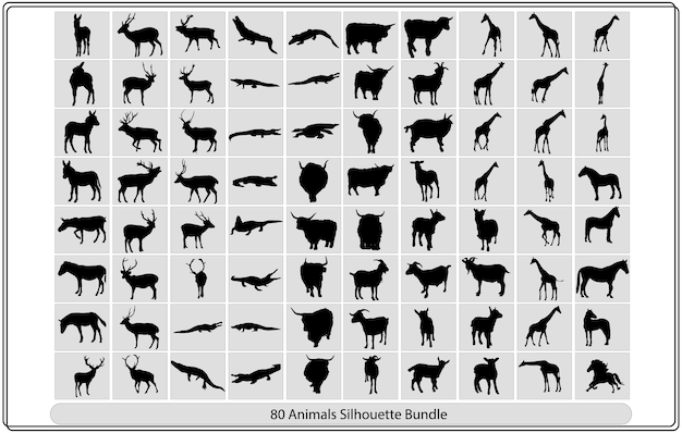 白い背景の上の動物のシルエットのコレクション