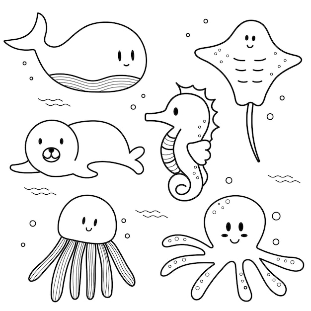 a collection of animals in black and white