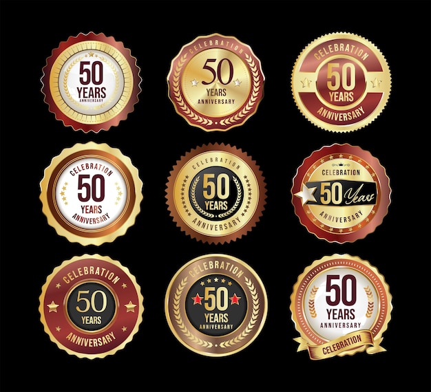Collection of Anniversary gold badges and labels