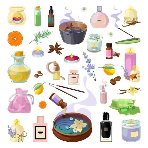 Collection of aromatic oils candles and perfume