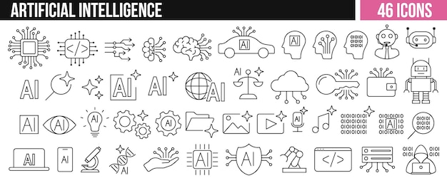Collection of artificial intelligence line icons including robots neural networks AI text cloud computing coding and machine learning elements